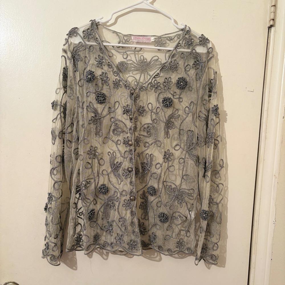 Fairycore Whimsigoth Silk Blend Mesh Cardigan Top Silver Floral Embroidered Sz L - Picture 2 of 5